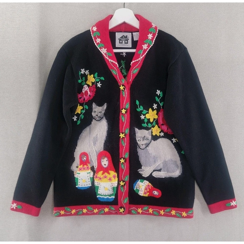 Storybook Knits Sweater Embroidered Cat Russian Nesting Doll Cardigan Size Small